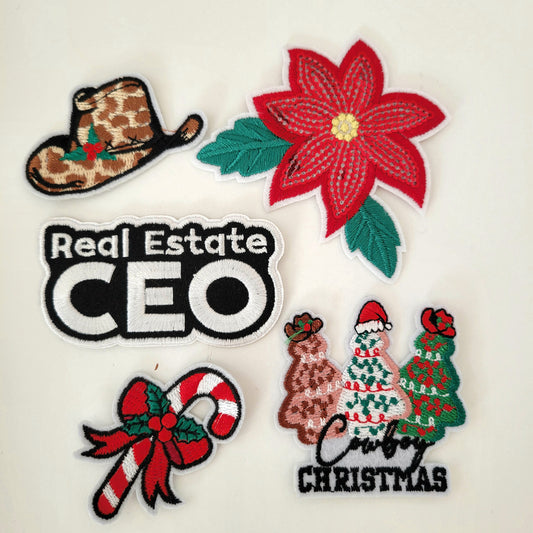 Holiday Patch Bundle – Real Estate CEO, Poinsettia, Cowboy Christmas Trees, Candy Cane + Western Hat (5-Pack)
