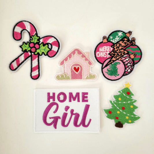 Holiday Patch Bundle – “Home Girl” + Gifts, Holly Bow, Pink Snowflake & Christmas Hands (5-Pack)