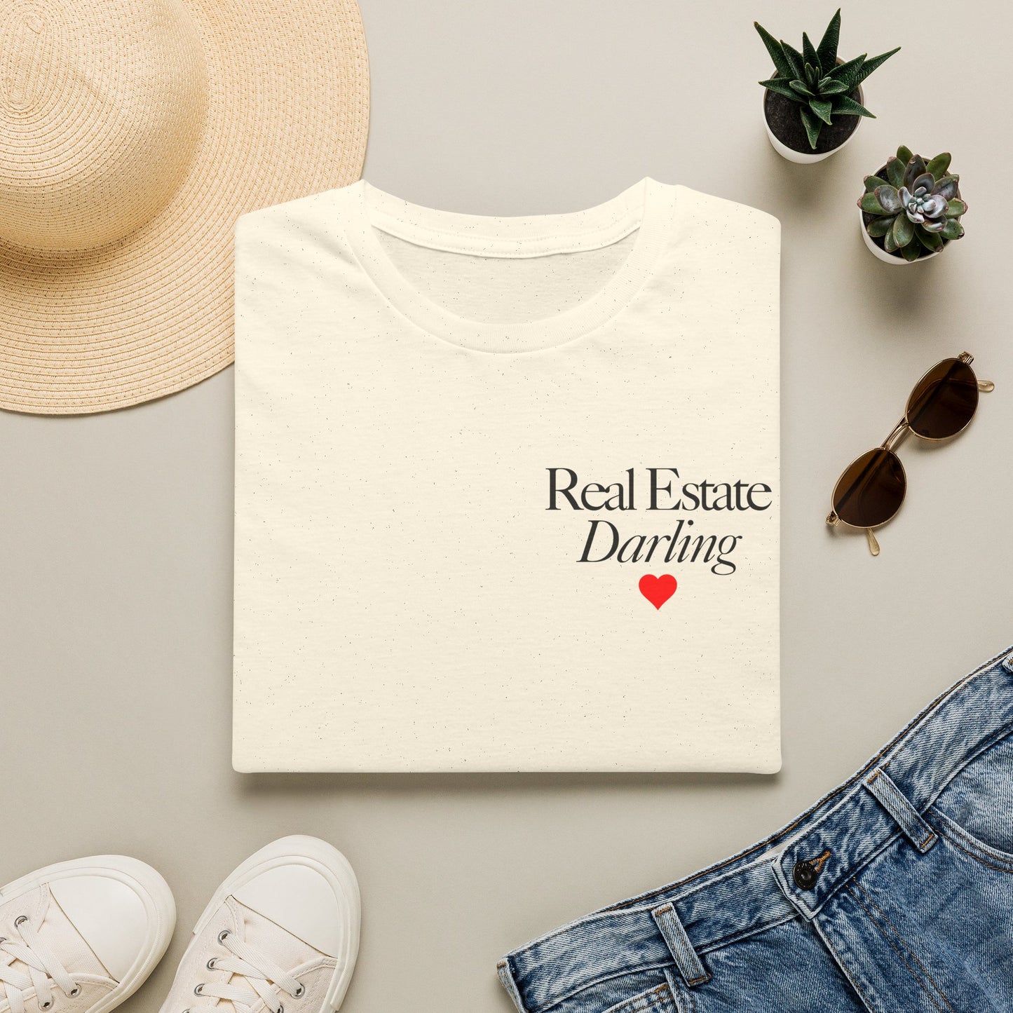 Real Estate Darling T-Shirt - Black Text Red Heart - Left Chest