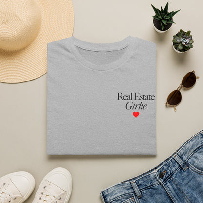Real Estate Girlie T-Shirt - Black Text Red Heart - Left Chest