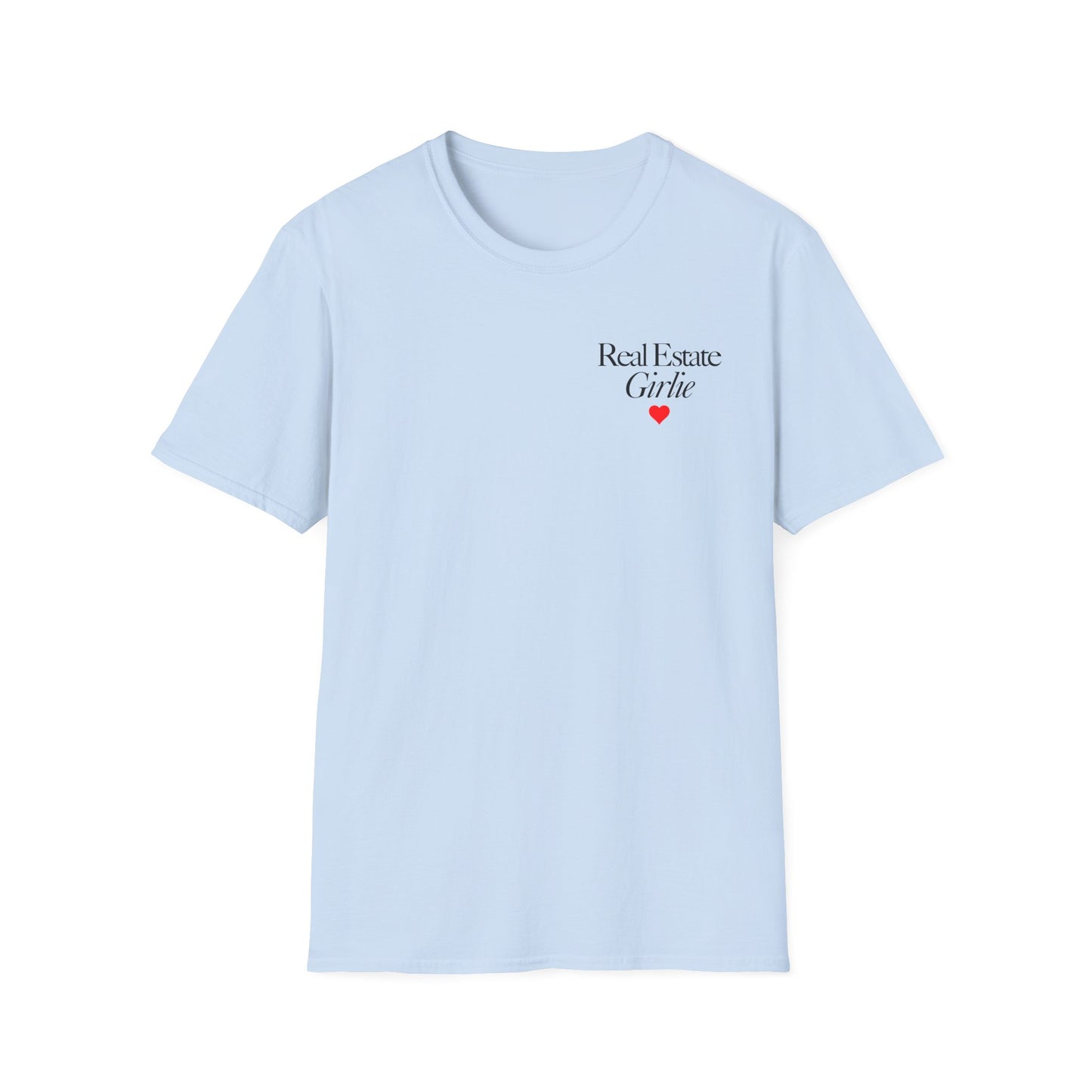 Real Estate Girlie T-Shirt - Black Text Red Heart - Left Chest