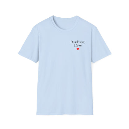 Real Estate Girlie T-Shirt - Black Text Red Heart - Left Chest