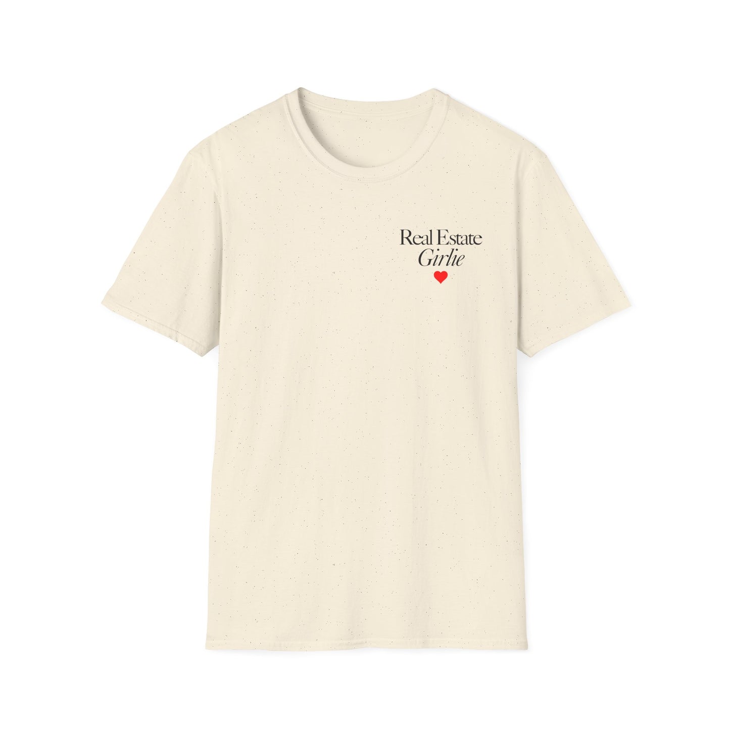 Real Estate Girlie T-Shirt - Black Text Red Heart - Left Chest