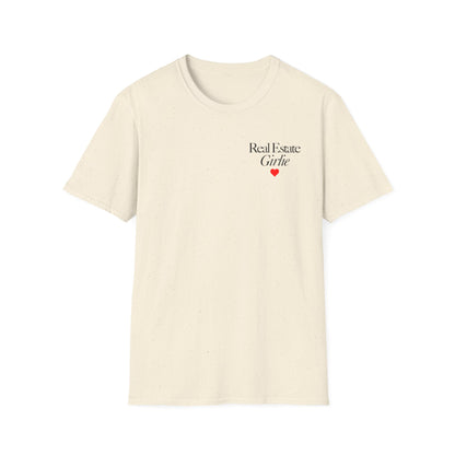 Real Estate Girlie T-Shirt - Black Text Red Heart - Left Chest