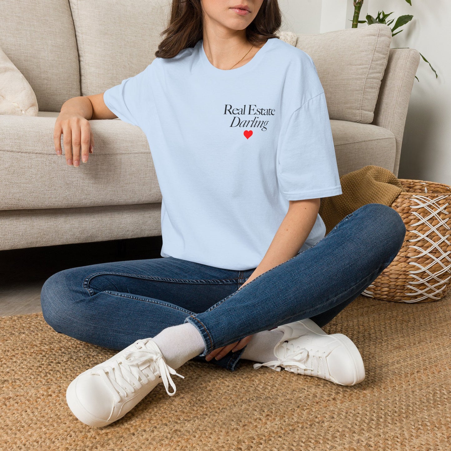 Real Estate Darling T-Shirt - Black Text Red Heart - Left Chest