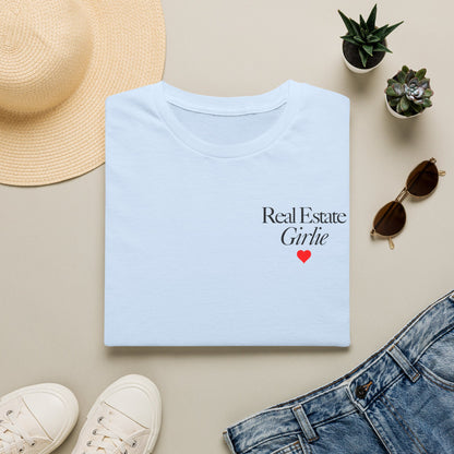 Real Estate Girlie T-Shirt - Black Text Red Heart - Left Chest