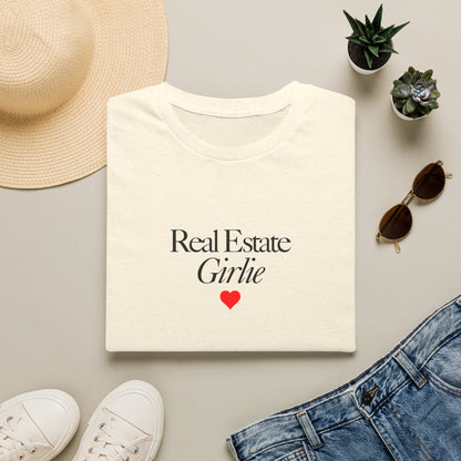 Real Estate Girlie T-Shirt - Black Text Red Heart