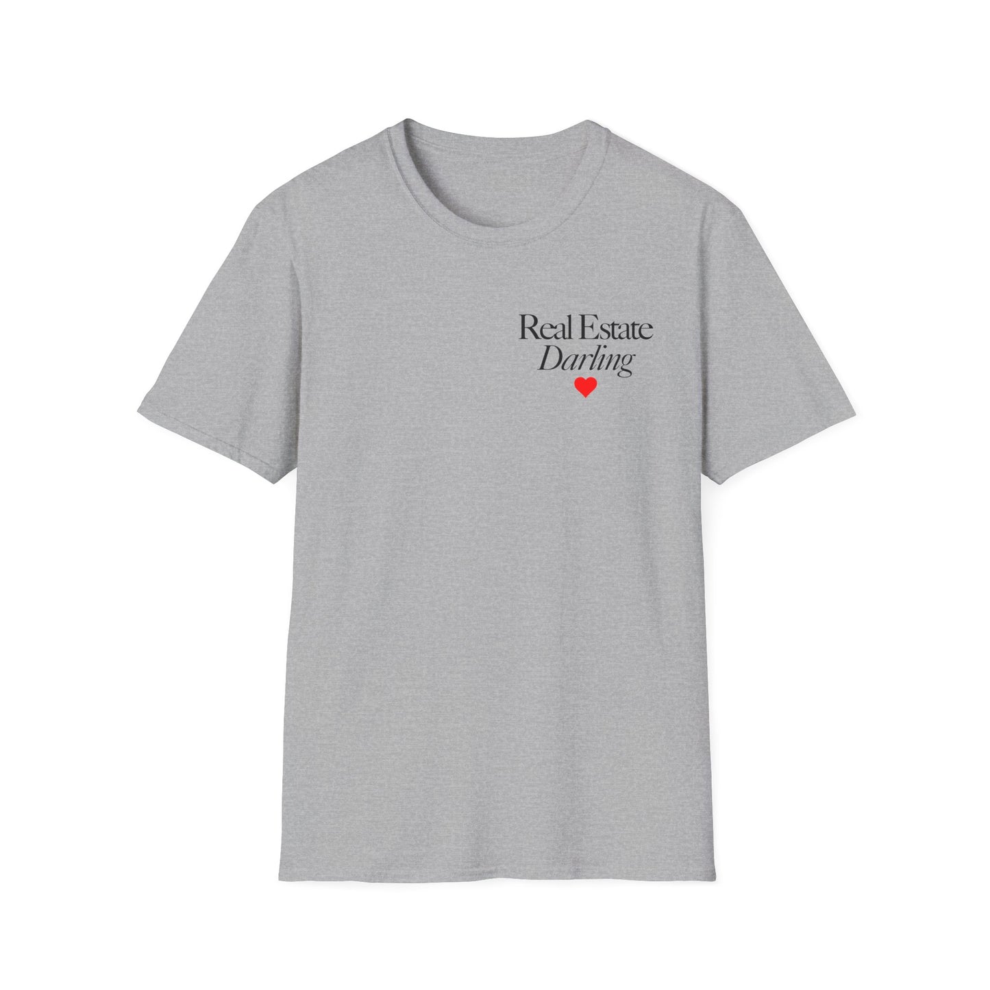 Real Estate Darling T-Shirt - Black Text Red Heart - Left Chest