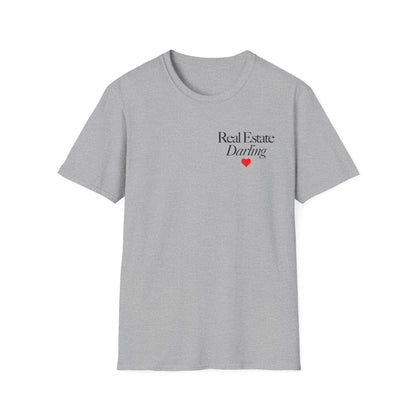 Real Estate Darling T-Shirt - Black Text Red Heart - Left Chest
