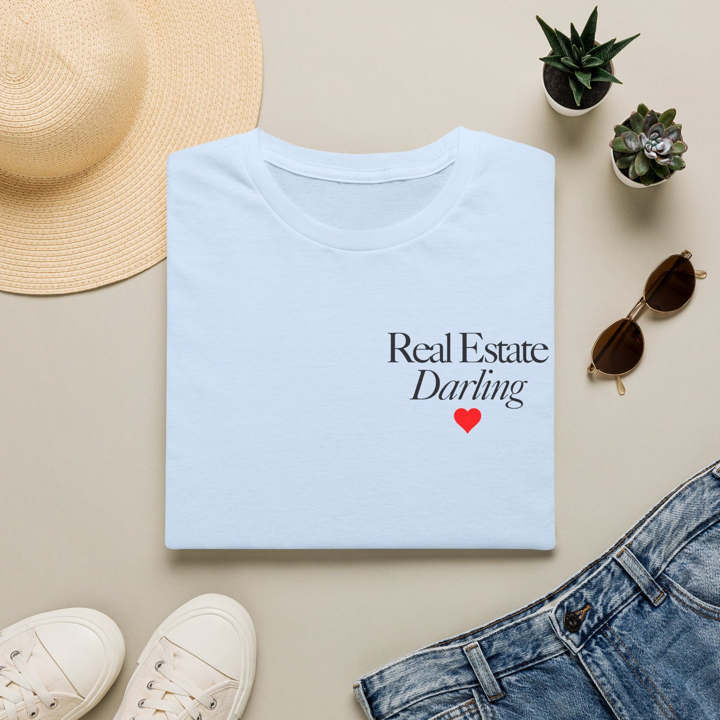 Real Estate Darling T-Shirt - Black Text Red Heart - Left Chest