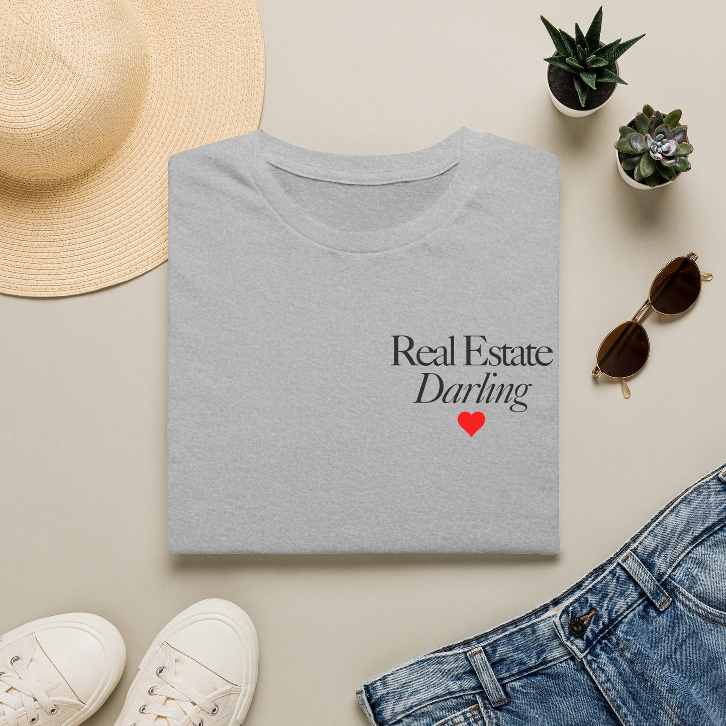 Real Estate Darling T-Shirt - Black Text Red Heart - Left Chest