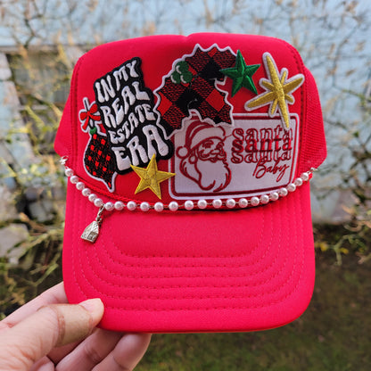 Limited Edition Foam Trucker Patch Hat – In My Real Estate Era, Santa Baby, Buffalo Plaid Stocking + Pearl Trim