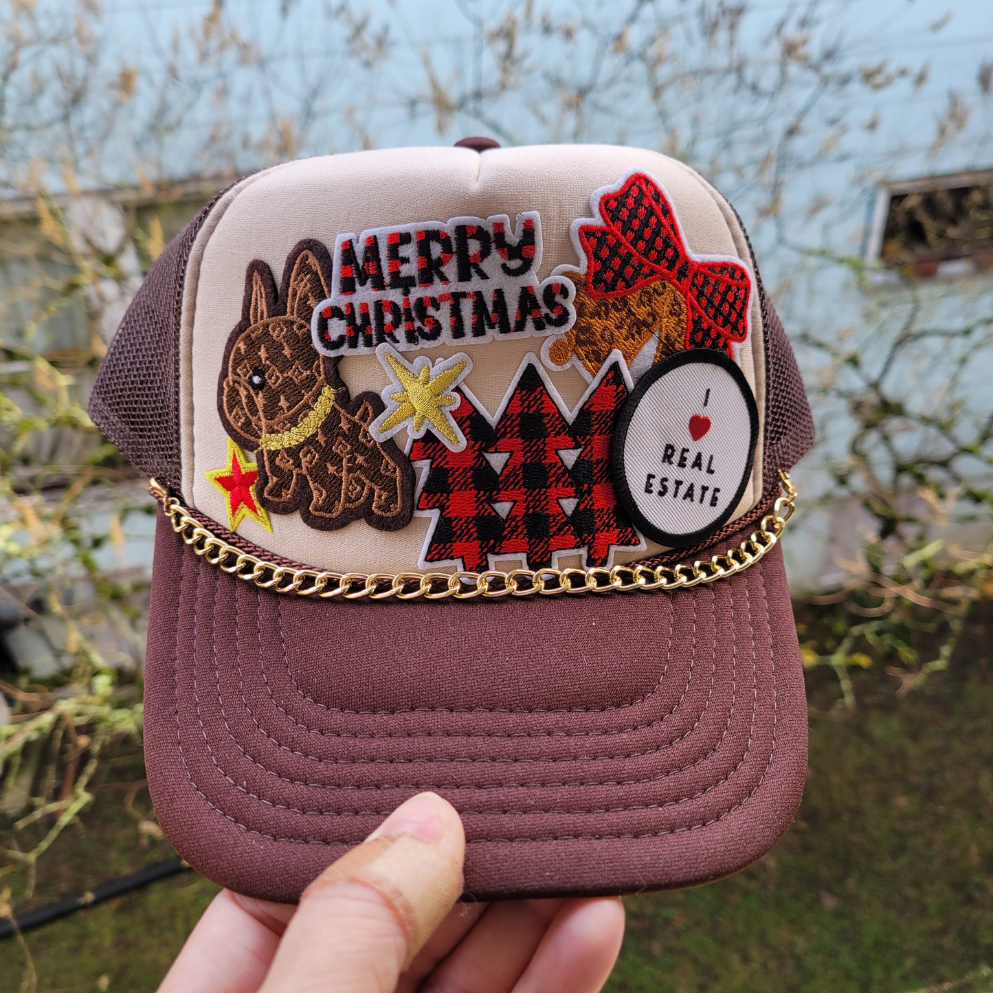 Limited Edition Foam Trucker Patch Hat – Merry Christmas, Plaid Trees, Holiday Puppy + I Love Real Estate Patch