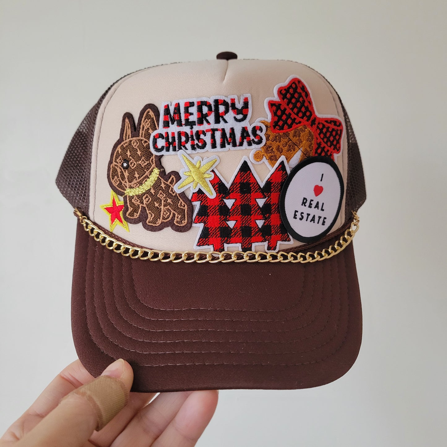 Limited Edition Foam Trucker Patch Hat – Merry Christmas, Plaid Trees, Holiday Puppy + I Love Real Estate Patch