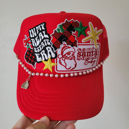 Limited Edition Foam Trucker Patch Hat – In My Real Estate Era, Santa Baby, Buffalo Plaid Stocking + Pearl Trim
