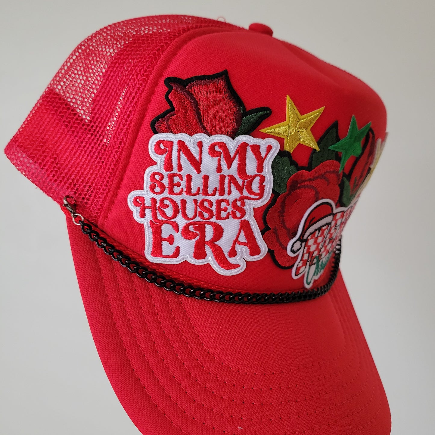 Limited Edition Foam Trucker Patch Hat – In My Selling Houses Era, Merry Christmas, Holiday Florals + Black Chain Trim