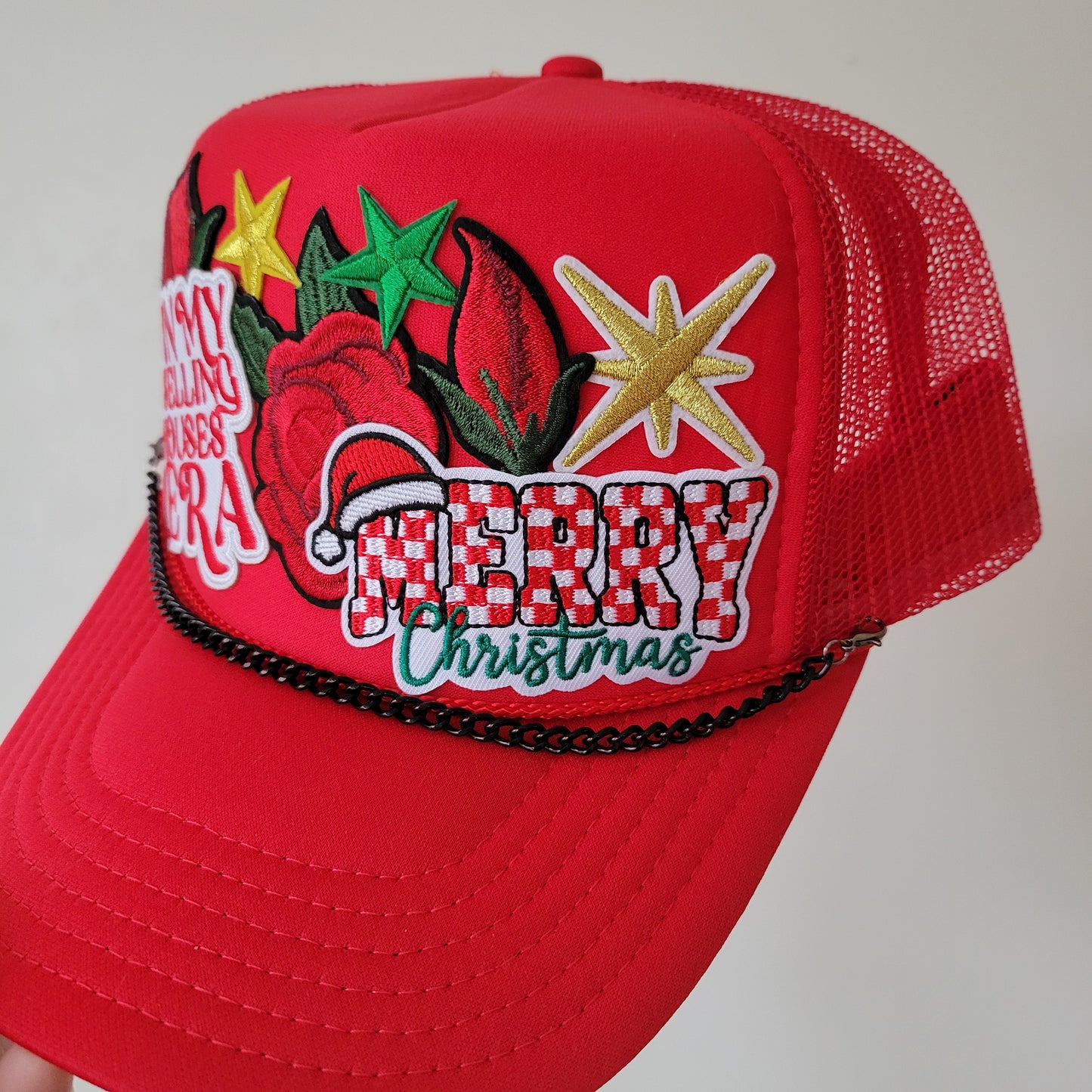 Limited Edition Foam Trucker Patch Hat – In My Selling Houses Era, Merry Christmas, Holiday Florals + Black Chain Trim