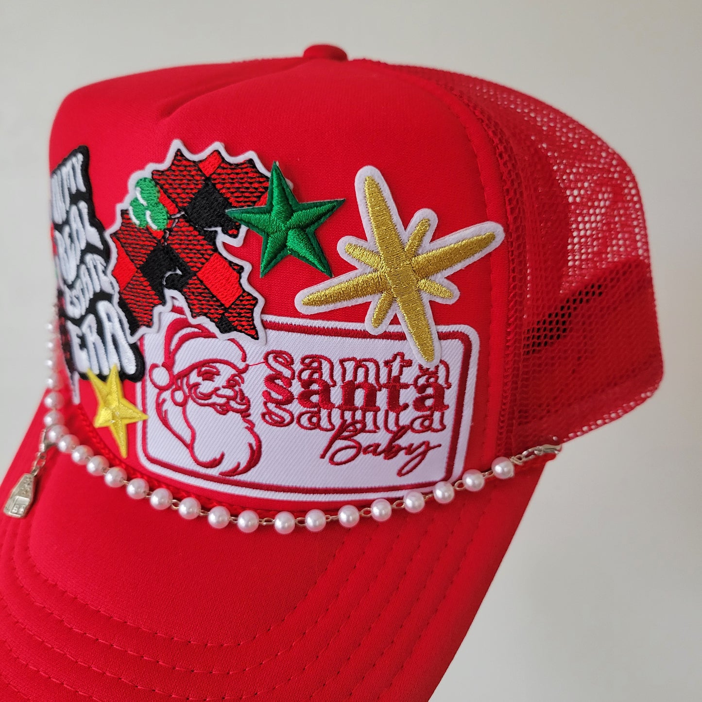 Limited Edition Foam Trucker Patch Hat – In My Real Estate Era, Santa Baby, Buffalo Plaid Stocking + Pearl Trim
