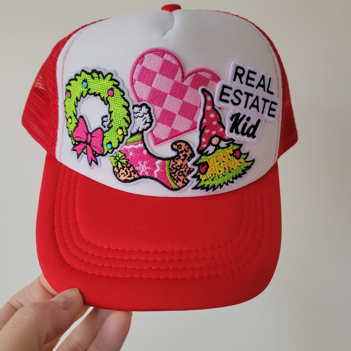 Limited Edition Kids Foam Trucker Patch Hat – Real Estate Kid, Gingham Heart, Wreath + Holiday Stocking