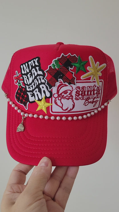 Limited Edition Foam Trucker Patch Hat – In My Real Estate Era, Santa Baby, Buffalo Plaid Stocking + Pearl Trim