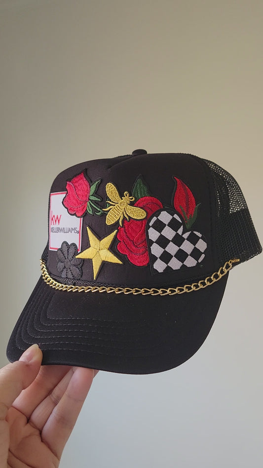 Limited Edition Foam Trucker Patch Hat – Keller Williams Patch, Roses, Gold Bee + Metal Chain Trim