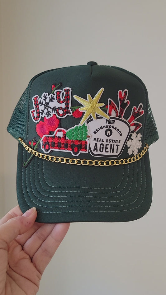 Limited Edition Foam Trucker Patch Hat – Holiday Joy, Buffalo Plaid Truck, Realtor Agent Badge + Gold Chain
