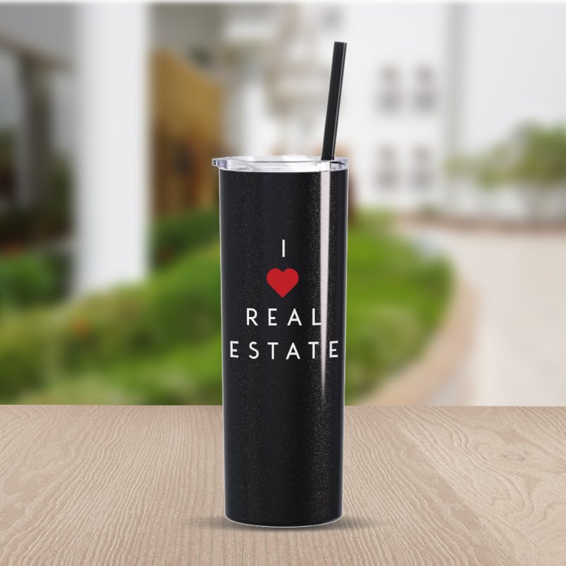 Skinny Tumbler - Black Sparkle I Heart Real Estate - All Things Real Estate